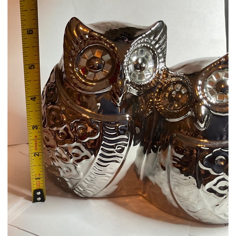 Chrome-Silver Double Owl Couple Figurine Mirrored,High-Shine Glazed Mosaic Eyes - Picture 6 of 8
